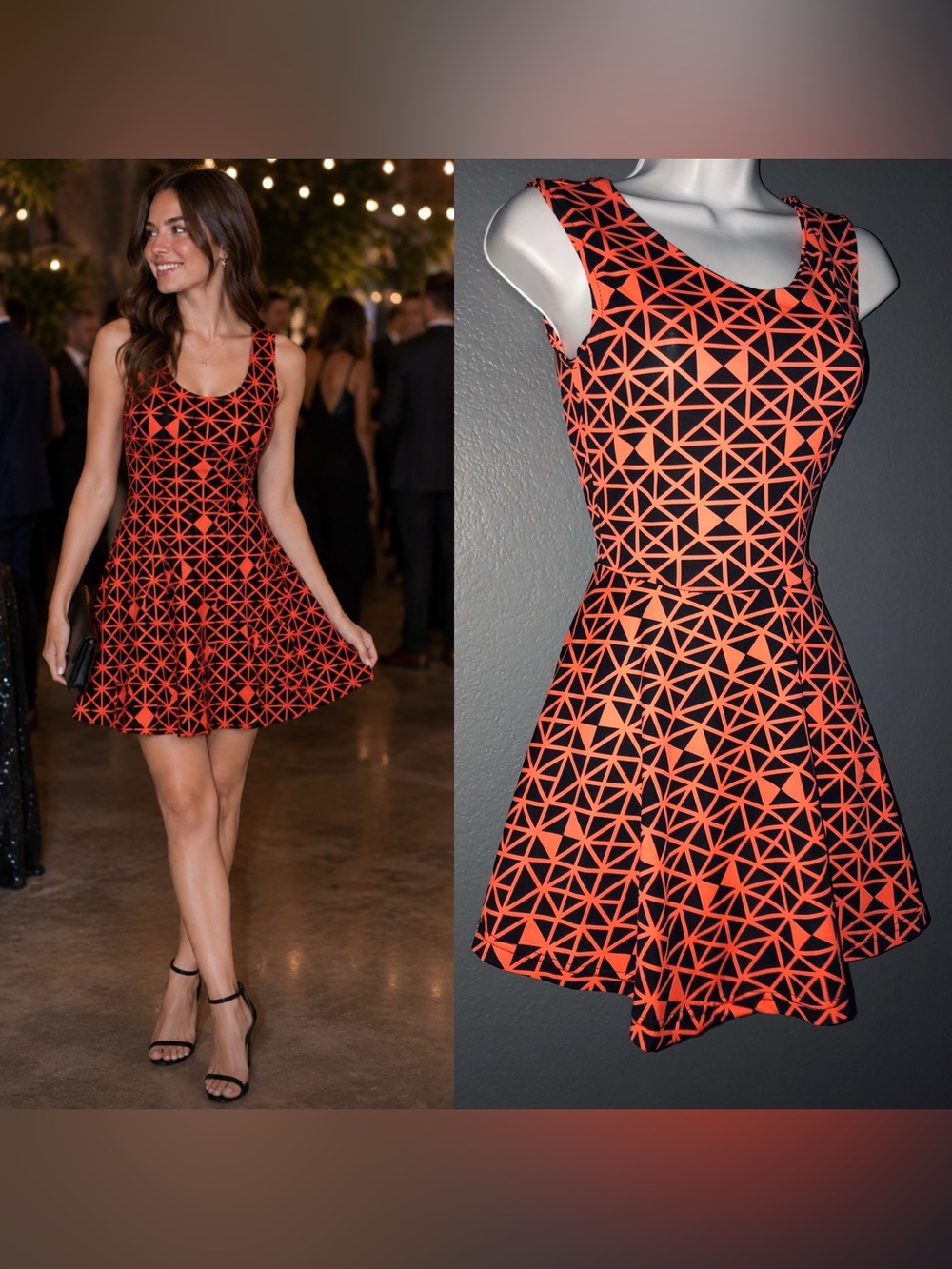 Women’s A-Line Orange & Black Geometric Print Mini Sundress  Dress Small